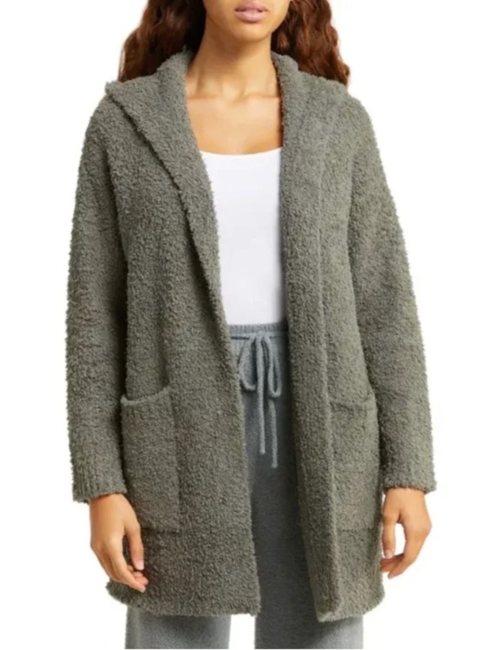 Barefoot Dreams CozyChic Boucle Hooded Cardigan Sweater in Green Size S